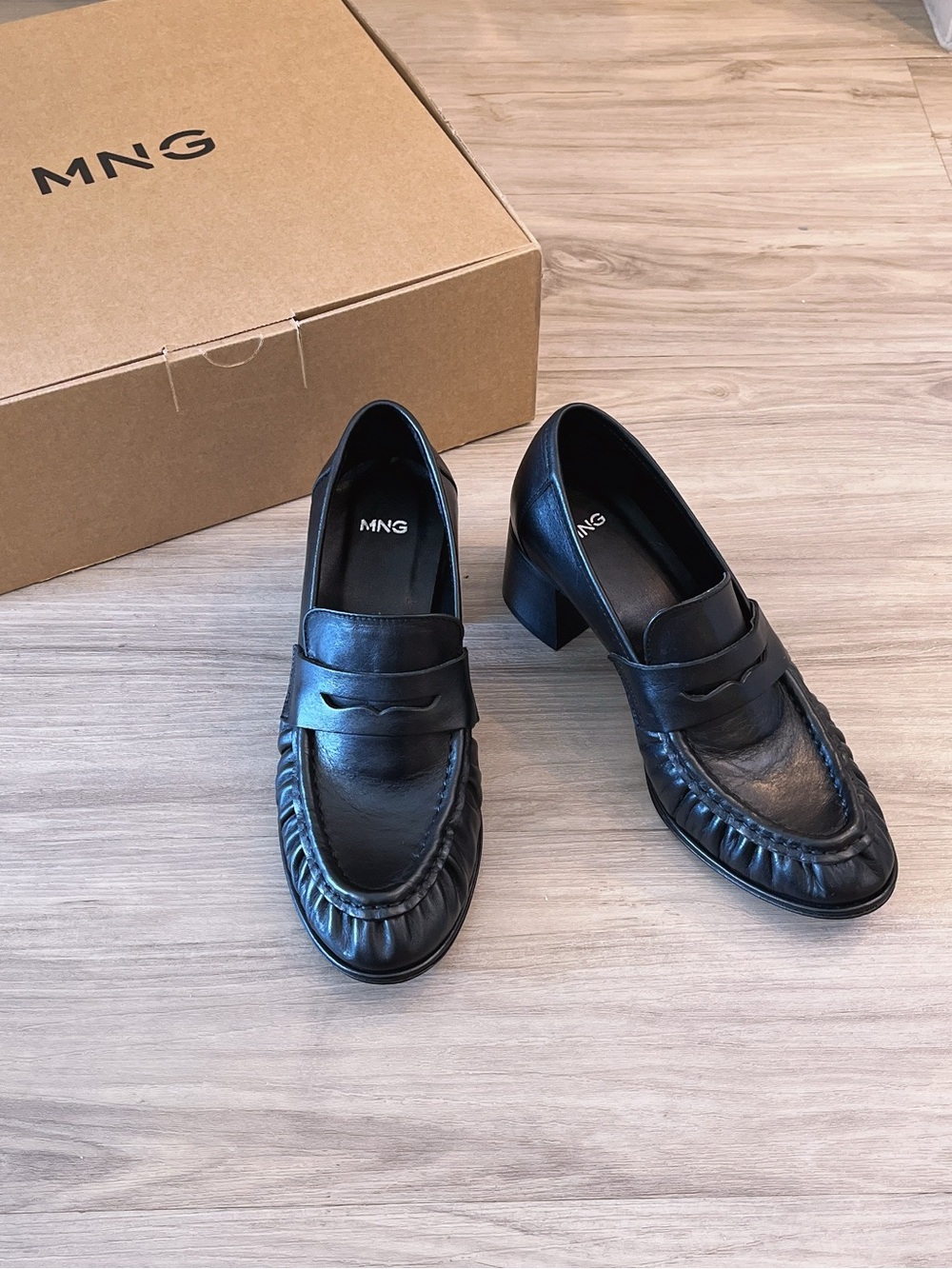 Mango Black Classic Real Leather Block Heel Loafers